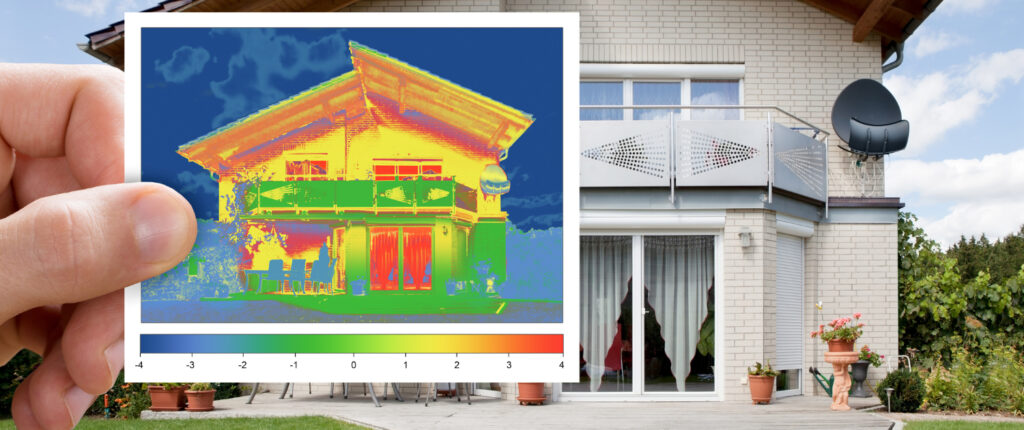 Hand hält Wärmebild vor ein Haus